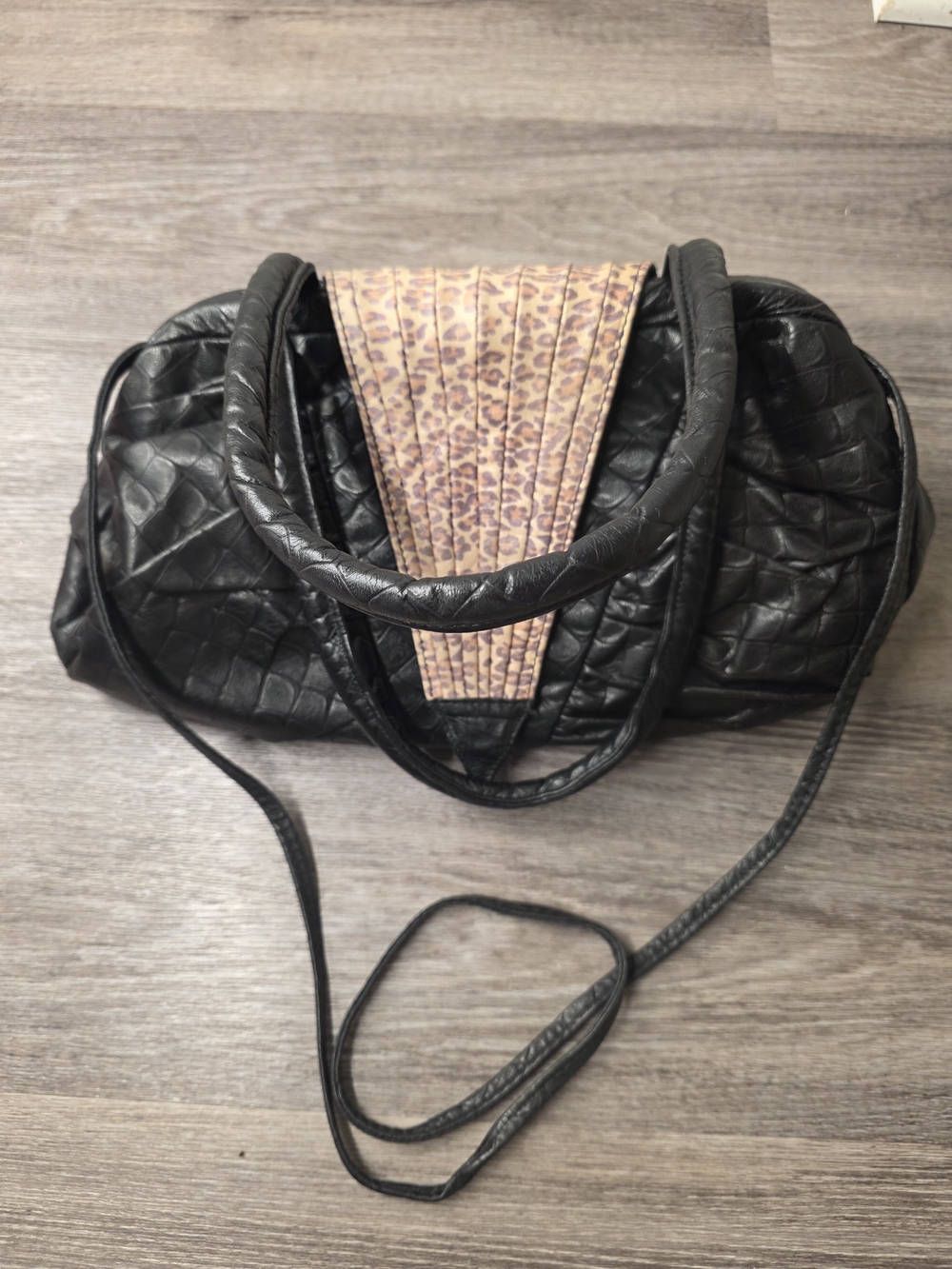 Vintage J&E New York Black Croc Embossed Leather Hobo Handbag Leopard Panel 70s